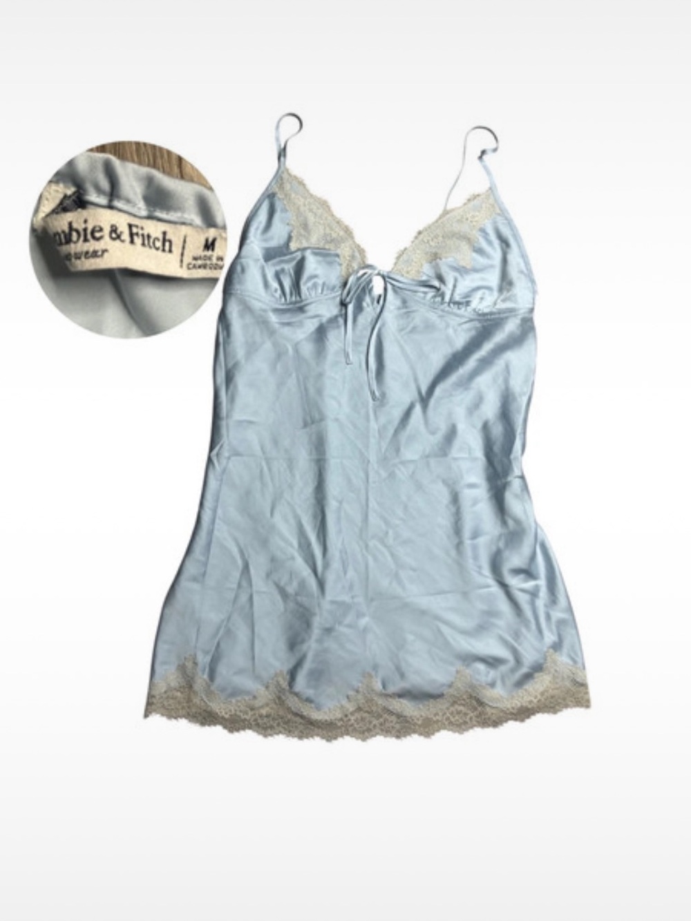Abercrombie & Fitch Pastel Blue Satin Slip Mini Dress with Cream Lace Trim